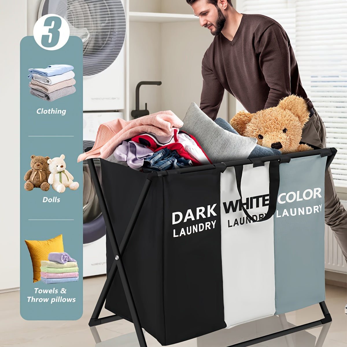 3 Section Laundry Basket Foldable Hamper Sorter with Oxford Bags Large Rectangular Laundry Hamper Basket with Handles - Durable Fabric-Component Design for Home College Dorm Bathroom & Bedroom