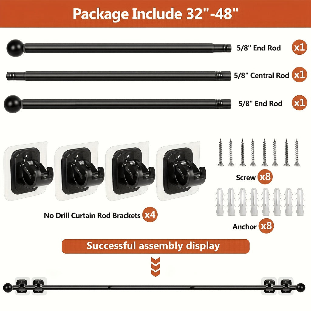 No Drill Curtain Rods Set for Windows 32 to 48 Inch, 5/8 Inch Diameter Metal Drapey Pole with Adhesive Holder Hook - Renter Friendly (Black, Contemporary Style)