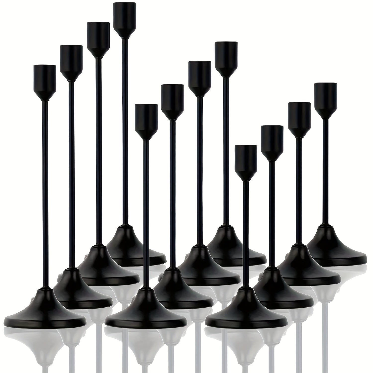 12-Piece Elegant Metal Candle Holders - Modern Tapered Design with Polished Golden Finish, Versatile Tabletop Decor for Christmas, Halloween, Weddings, Anniversaries, Home & Hotel Centerpieces (Candles Not Included)