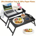 2pcs Bamboo Breakfast Tray with Folding Legs & Handles - Extra Wide Stable Food-Safe Bed Tray Table for Eating, Working, Drawing - Portable Foldable Design for Sofa, Bed, Lazy People, Bedside Table | Natural Look | with 10pcs Paper Plates