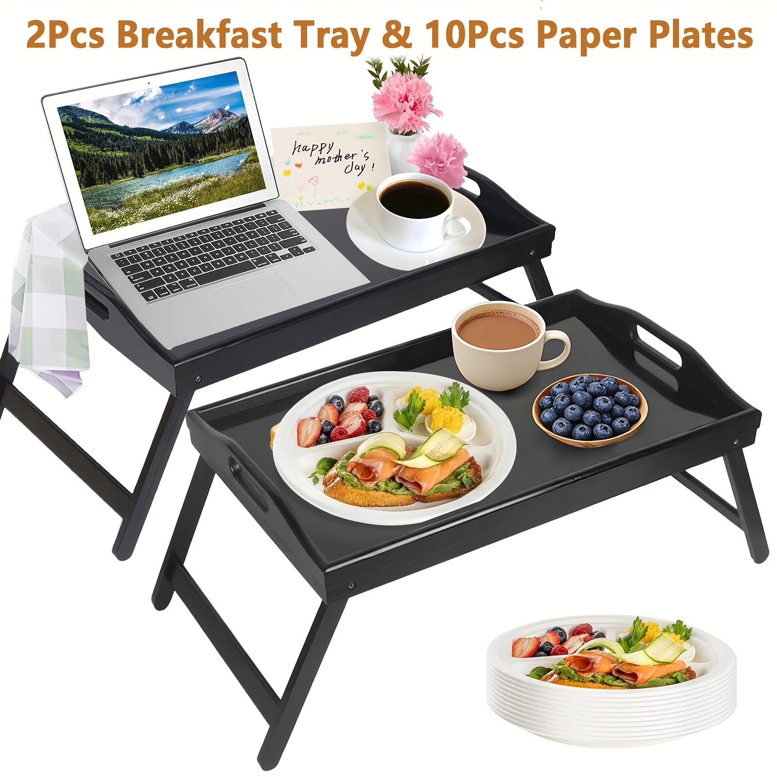 2pcs Bamboo Breakfast Tray with Folding Legs & Handles - Extra Wide Stable Food-Safe Bed Tray Table for Eating, Working, Drawing - Portable Foldable Design for Sofa, Bed, Lazy People, Bedside Table | Natural Look | with 10pcs Paper Plates