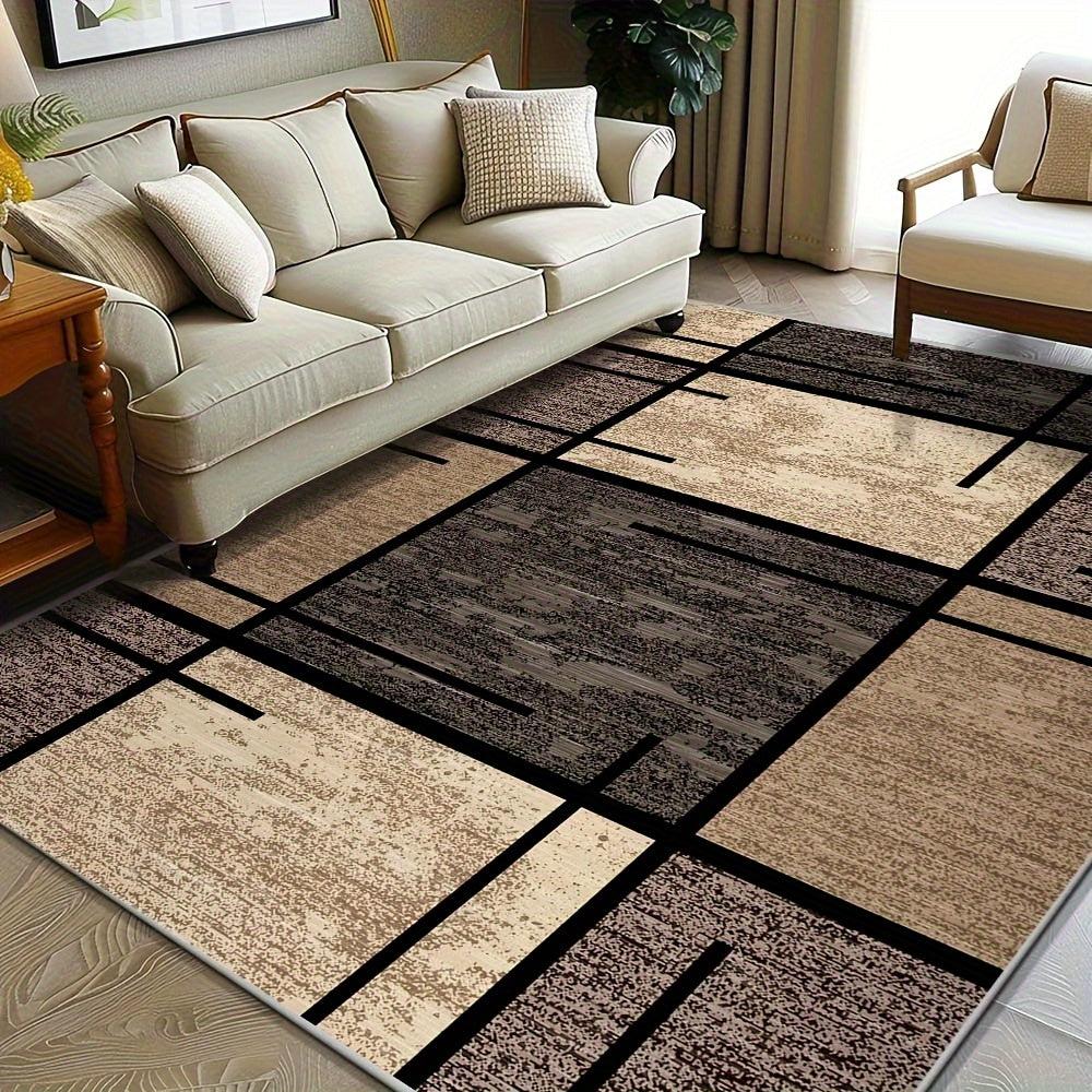 Premium Velvet Area Mat - Machine Washable, Fade-Resistant Polyester Mat for Living Room, Bedroom, Office, and Outdoor Decor - Rectangle, Lightweight, Easy to Clean - 850 GSM, Beige and Brown Geometric Pattern