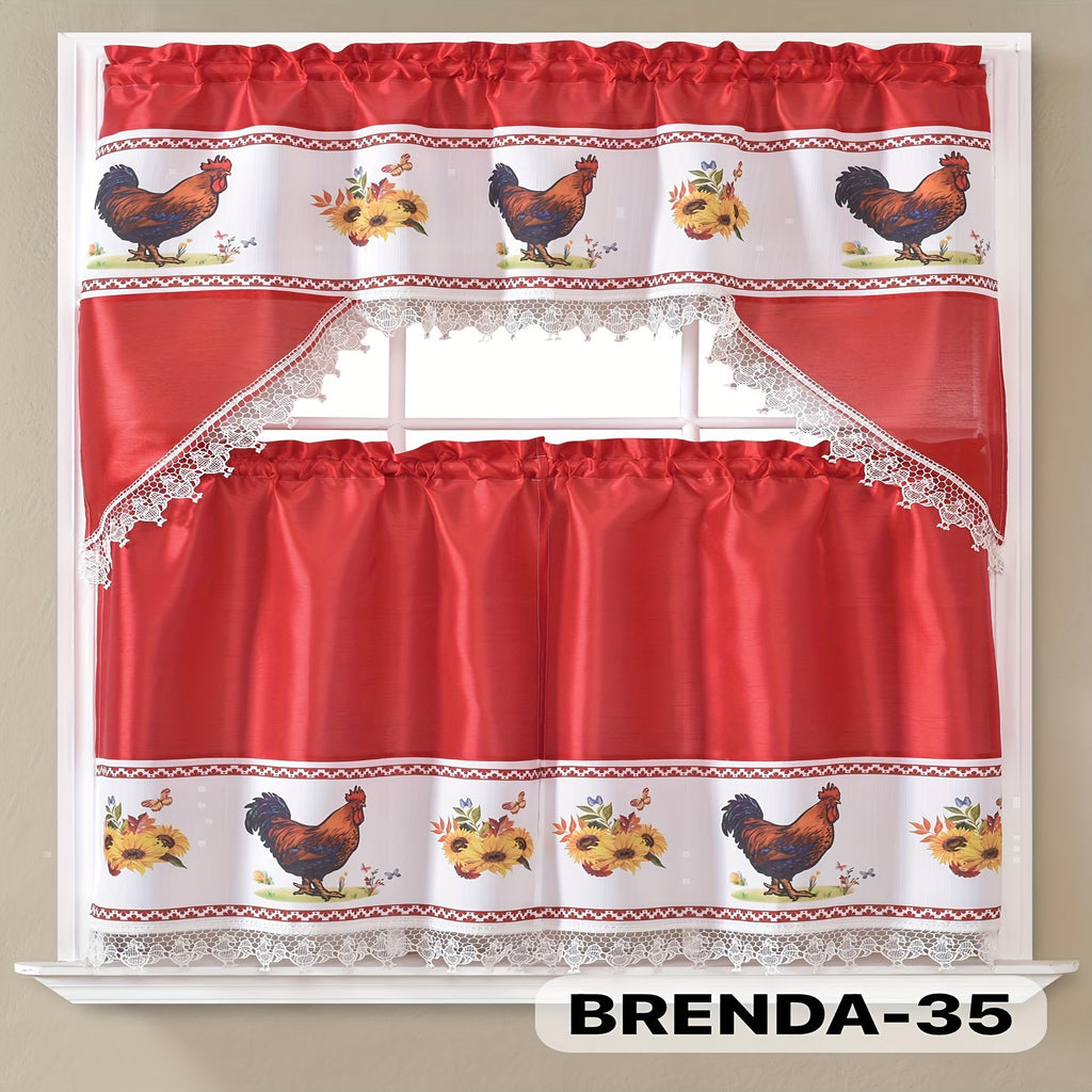 3pcs Embroidery Kitchen Curtains Set Flowers Embroidery Satin Fabric Faux Lightweight Soft Easy Care Machine Washable 49 Design Styles Available Holiday Gifts for Family Local Warehouse All Season Use Summer