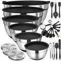 Mixing Bowls with Airtight Lids, 26pcs Stainless Steel Bowls Set, 3 Grater Attachments & Black Non-Slip Bottoms Size 7, 4, 2.5, 2.0, 1.5, 1QT, Great for Mixing & Serving