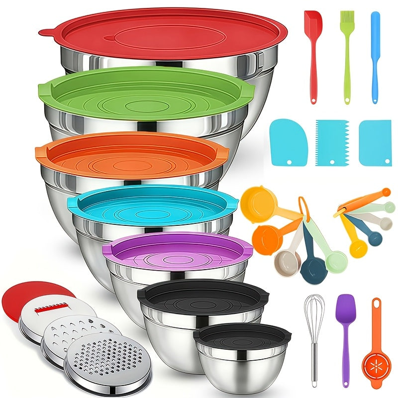 30pcs Stainless Steel Mixing Bowls with Airtight Lids - 7 Bowls & Lids + 23 Kitchen Tools, Grater Attachments, Size 4.5, 3.6, 2.7, 2.1, 1.7, 1.1, 0.7QT, Great for Mixing & Serving, Christmas, New Year, Mother Gift