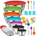30pcs Stainless Steel Mixing Bowls with Airtight Lids - 7 Bowls & Lids + 23 Kitchen Tools, Grater Attachments, Size 4.5, 3.6, 2.7, 2.1, 1.7, 1.1, 0.7QT, Great for Mixing & Serving, Christmas, New Year, Mother Gift