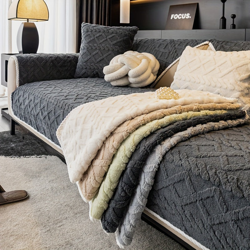 1pc Plush Sofa Mat, Polyester Shu Velveteen Jacquard Knit Fabric Couch Cover, 200-250 g/㎡, Separate Seating Modern Style, Machine Washable Anti-Slip Protection, for Bedroom Office Living Room Home Decoration