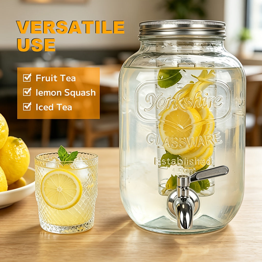 1pc/2pcs 1 Gallon Glass Drink Dispensers for Parties, Beverage Dispenser, Glass Drink Dispenser with Fruit Infuser And Stand And Stainless Steel Spigot, Lemonade Dispenser with Ice Cylinder for BBQ, Picnic, Party, Weddings & Events