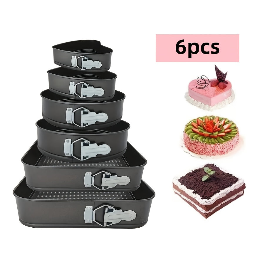 6-Piece Carbon Steel Cake Pan Set with Removable Bottom - 3 Shapes (Square, Round, Heart) for Chiffon, Mousse, Cheesecakes - Perfect for Wedding & Birthday Baking