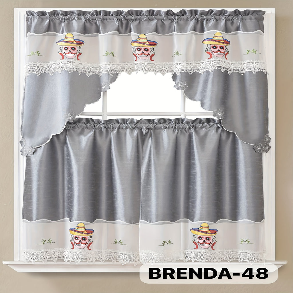 3pcs Embroidery Kitchen Curtains Set Flowers Embroidery Satin Fabric Faux Lightweight Soft Easy Care Machine Washable 49 Design Styles Available Holiday Gifts for Family Local Warehouse All Season Use Summer
