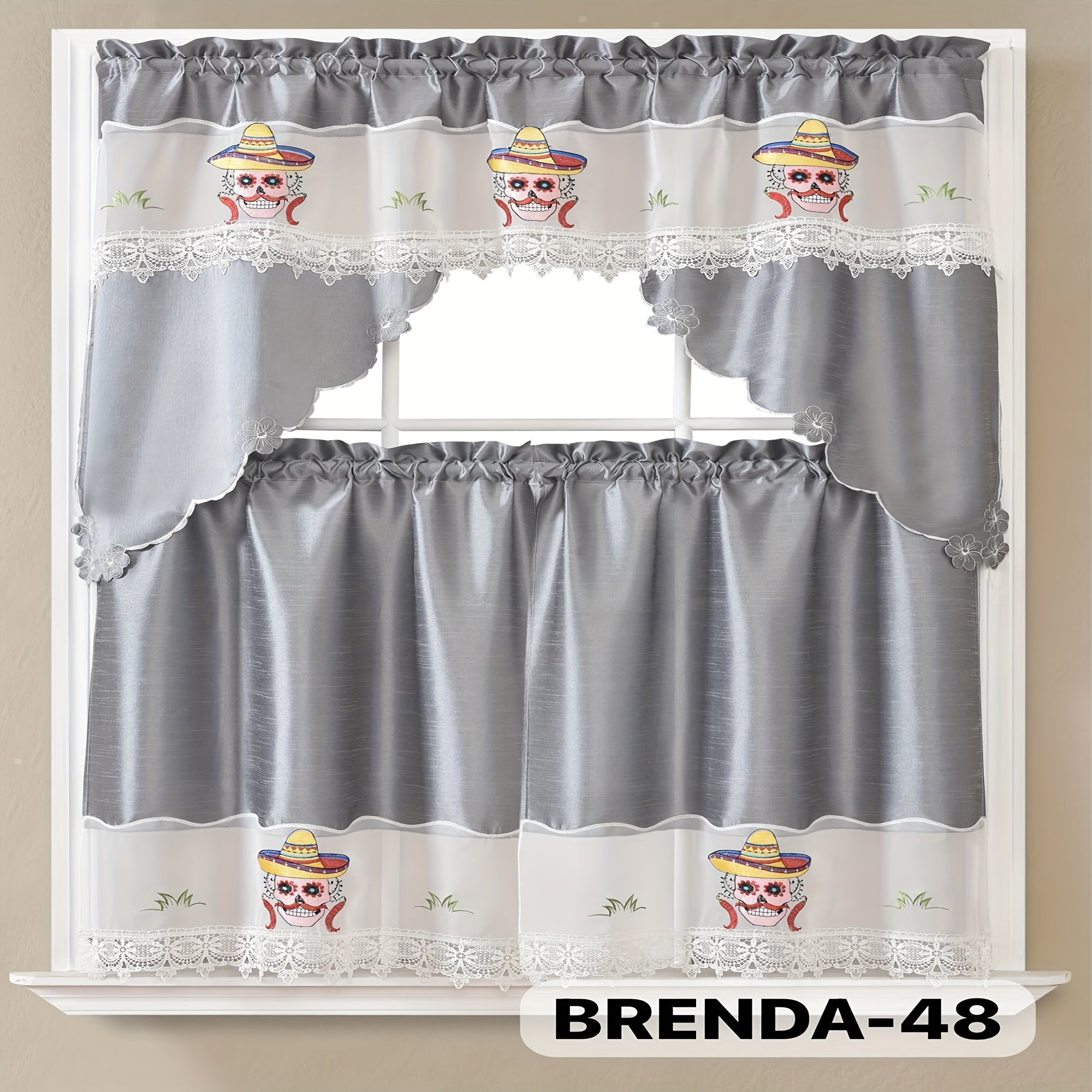 3pcs Embroidery Kitchen Curtains Set Flowers Embroidery Satin Fabric Faux Lightweight Soft Easy Care Machine Washable 49 Design Styles Available Holiday Gifts for Family Local Warehouse All Season Use Summer