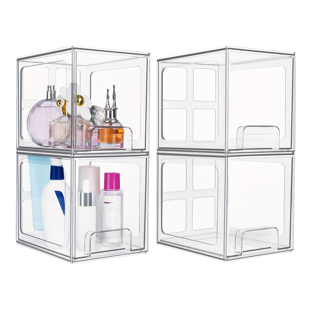 Stackable Storage Drawers 4 Pack Clear Acrylic Makeup Organizer for Bathroom Vanity Countertop BPA-Free Plastic Storage Bins Perfume Skincare Organizer