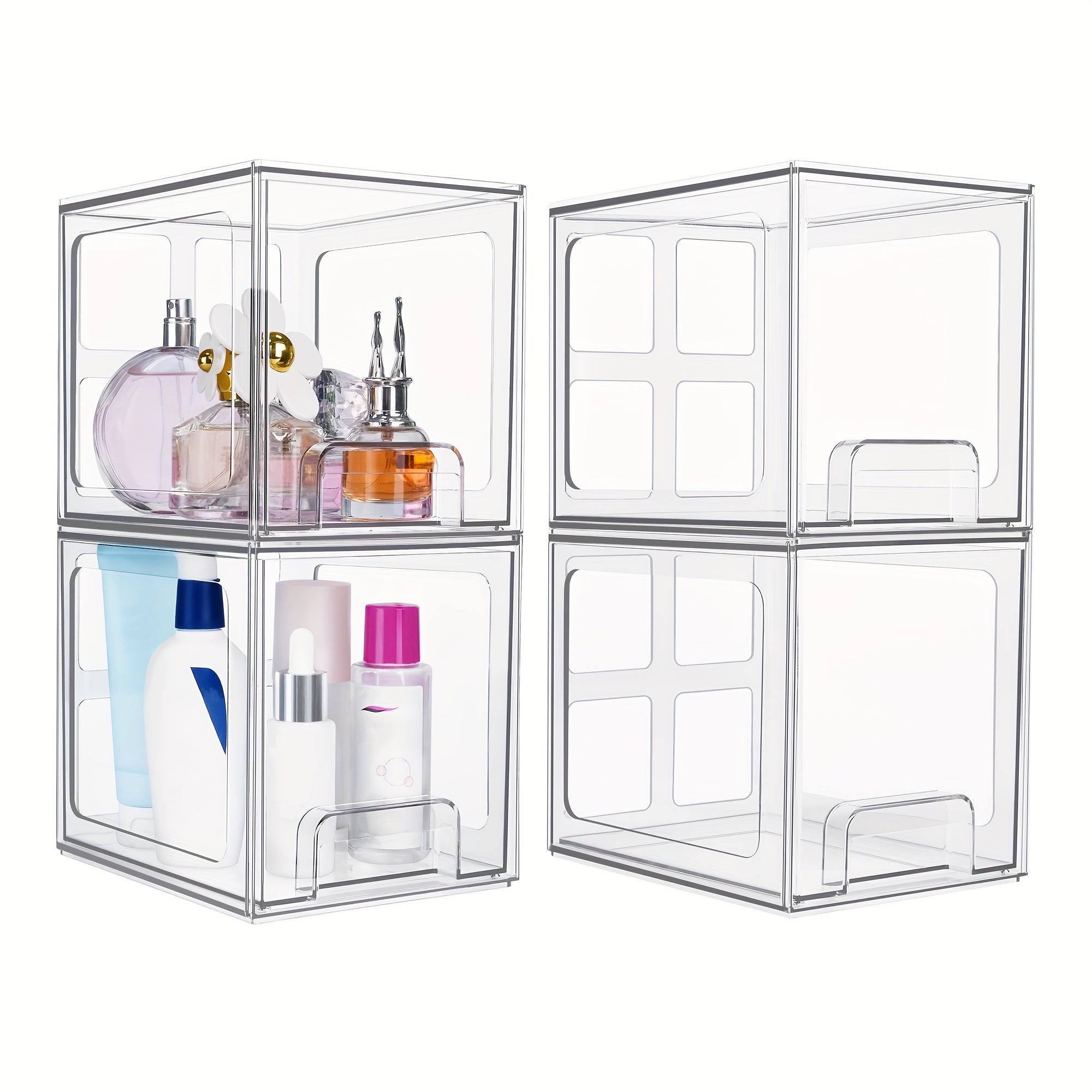 Stackable Storage Drawers 4 Pack Clear Acrylic Makeup Organizer for Bathroom Vanity Countertop BPA-Free Plastic Storage Bins Perfume Skincare Organizer