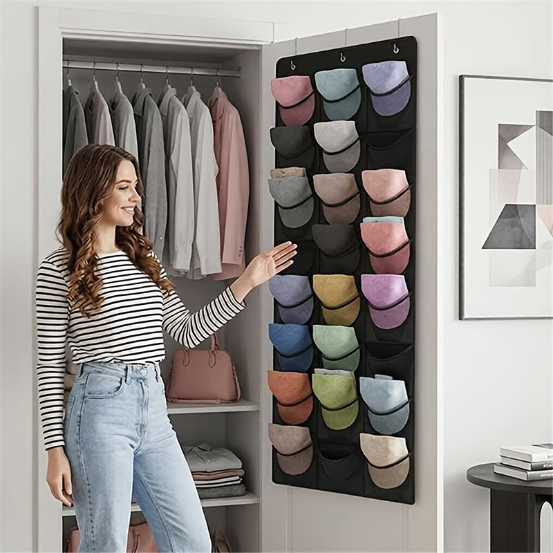 1 Baseball Cap Rack, 24 Pocket Over The Door Hat Organizer, Closet Hat Storage with Large Clear Pockets And 3 Hooks for Hat Protection And Display