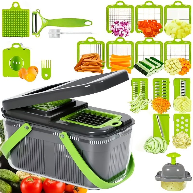 22-in-1 Pro Vegetable Chopper: Multifunctional Food Slice Crusher Dicer Cutter with 14Blades, with Grey Vegetable Drain Basket, Convenient for Cutting Food In The Kitchen And Storing Food In The Refrigerator