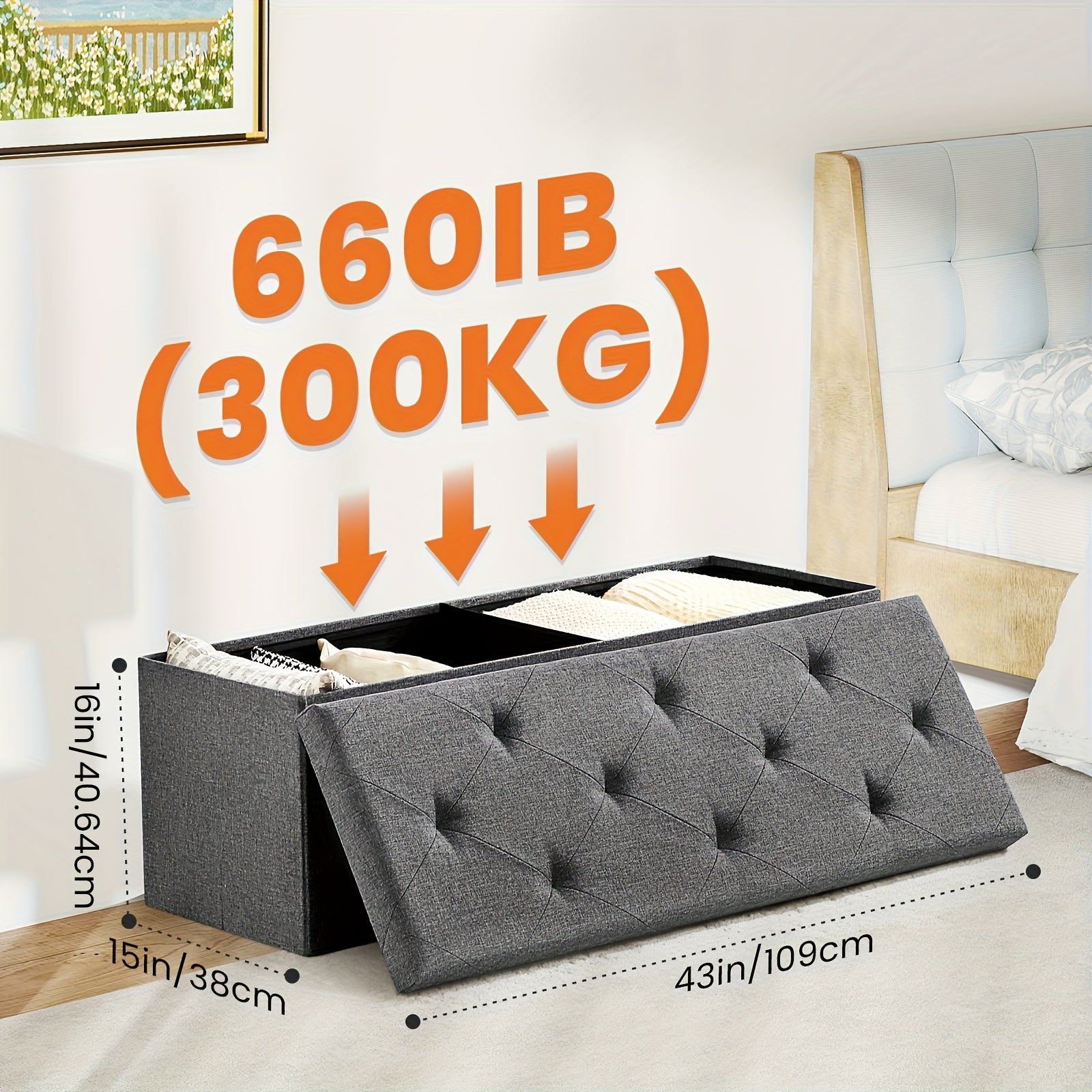 Sweetcrispy 43 Inches Folding Storage Ottoman Bench, Holds up to 660 Lb, End of Bed Storage Bench Foot Rest Stools Large Storage Chest with Padded Seat for Bedroom, Living Room, Entryway