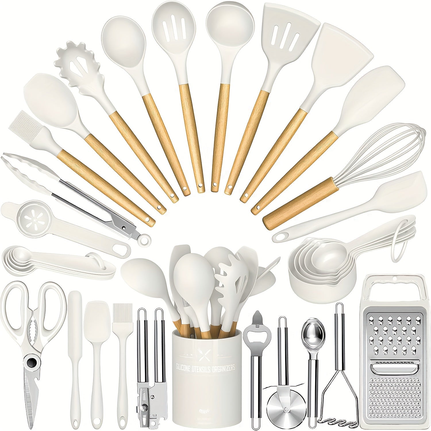 Kitchen Utensils Set- 34pcs Silicone Cooking Utensils with Holder, Heat Resistant Kitchen Utensil Spatula Set for Nonstick Cookware, Black Wooden Handles Kitchen Gadgets Tools Set Father Gift