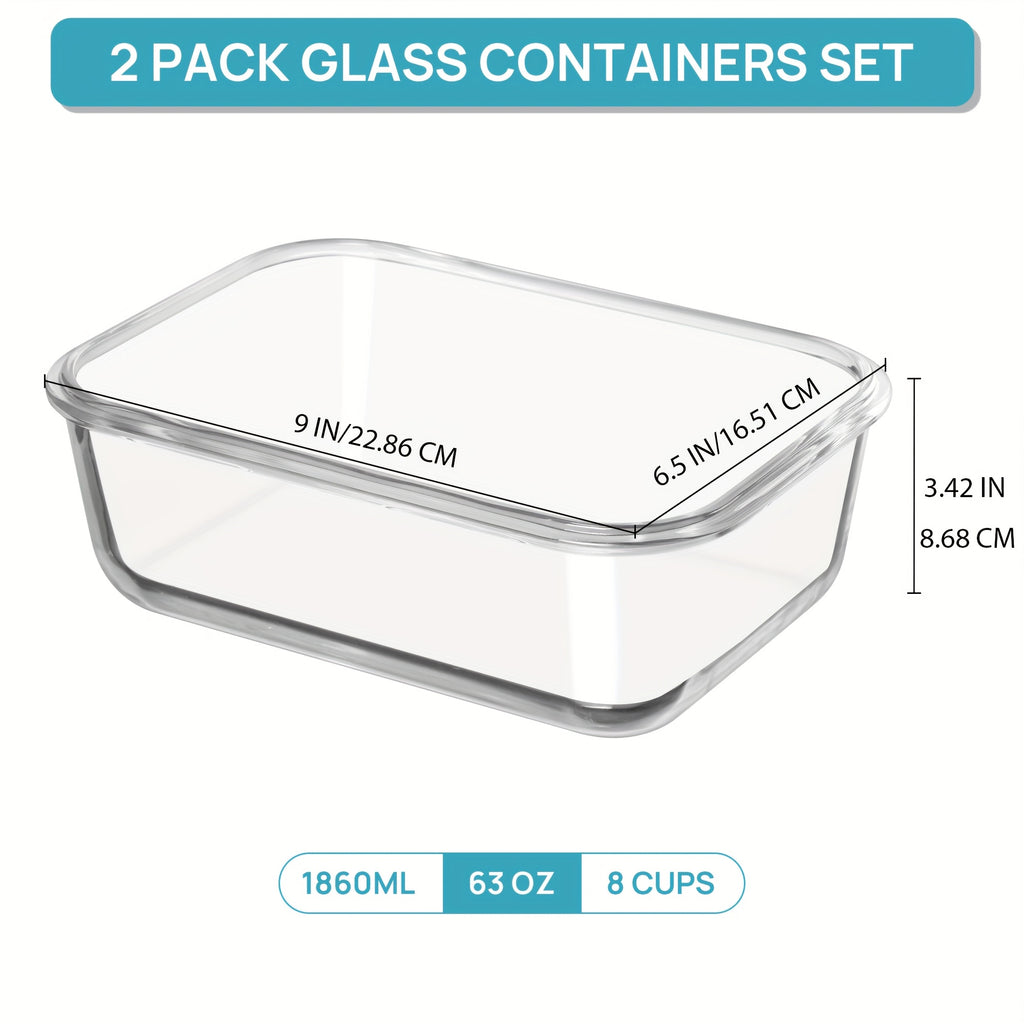 2Pack 1860ml/ 63oz Large Glass Storage Containers With Lids, Meal Prep Food Container Set With Snap Airtight Lid For Baking, Microwave, Oven, Leak Proof, For Freezer, Dishwasher