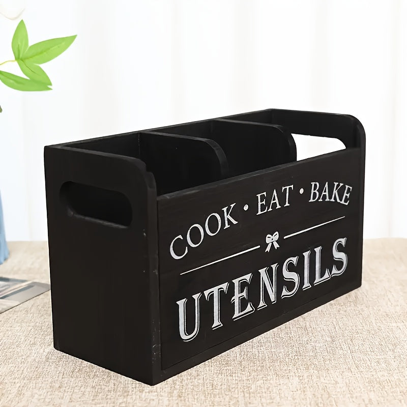 Oversized Rustic Wooden Rack for Storing Kitchen Utensils, Featuring a 3-Compartment Storage Box, Suitable for Both Countertop And Wall Mounting, Crafted from Wood, Ideal for Organizing Cooking, Dining, And Baking Tools
