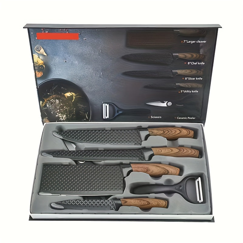 6 Kitchen Knife Set, Chef'S Knife, Slicing Knife, Scraper And Scissors, High Carbon Stainless Steel Super Sharp, With Anti-stick Ergonomic Wooden Handle, Suitable For Home Cooking, Camping, RV Trips, Holiday Gifting, Wedding Presents, Gift Box Set