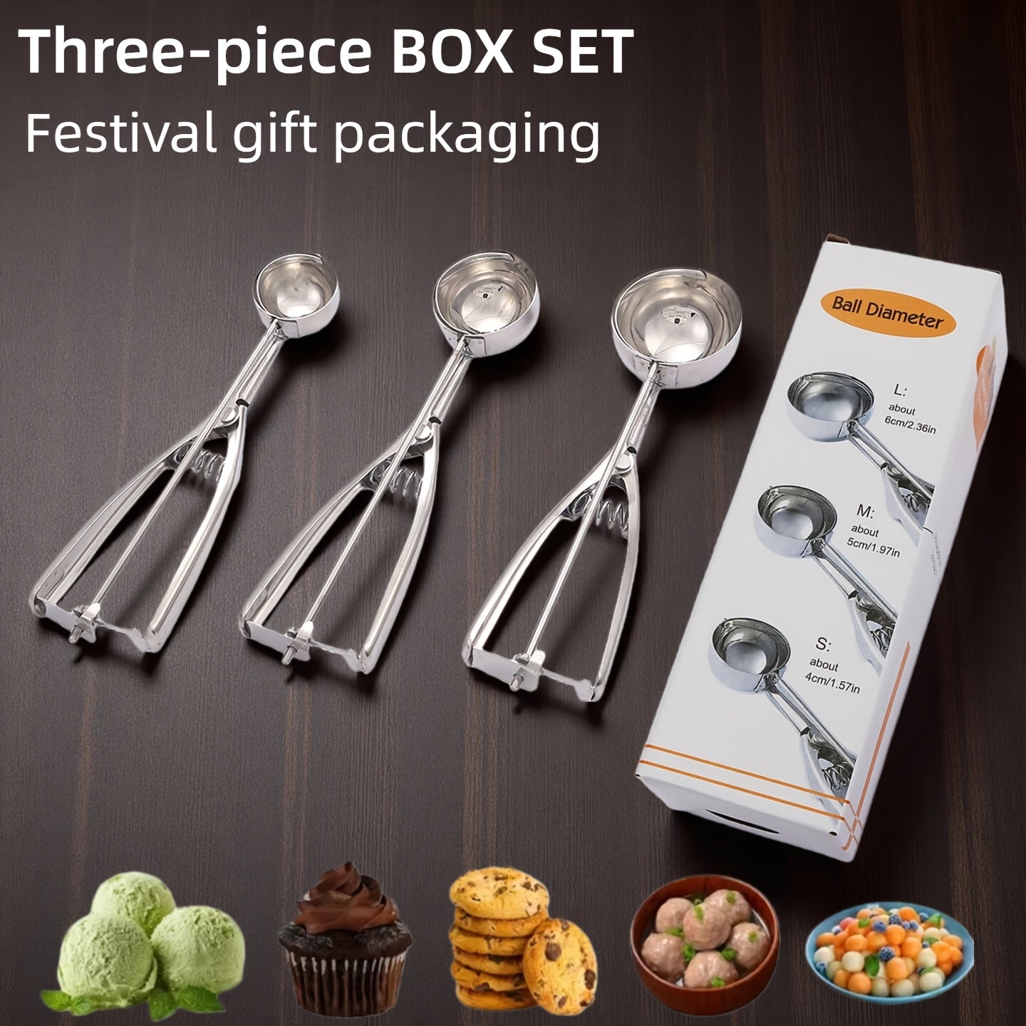 3pcs Stainless Steel Ice Cream Spoons, Triggered Ice Cream Scoop, Cookie Scoop, Portable Fruit Scoop, Watermelon Scoop, Ice Cream Tool, Suitable for DIY Ice Cream, Fruits, Cookie Dough, Used In Ice Cream Shops And Dessert Restaurants