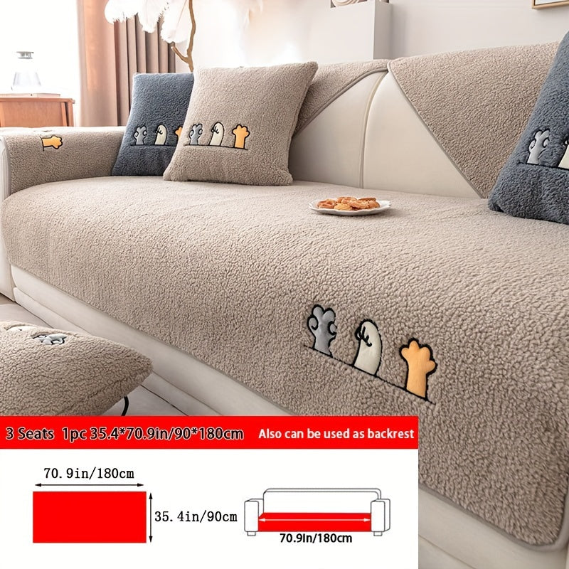 1pc Plush Thick Shearling Sofa Cover with Cute Animal & Bone Embroidery - Pet-Friendly, Non-Slip Couch Protector for All Sofa Sizes from Single to Four-Seater - Soft, Warm Decor for Living Room, Bedroom, Office, Sofa Covers for Living Room