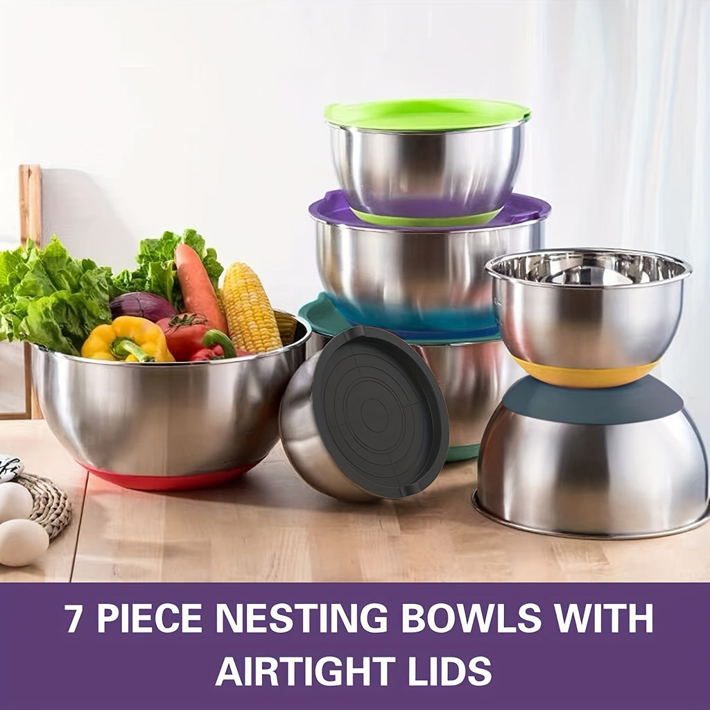 20-Piece Stainless Steel Mixing Bowls with Airtight Lids - Non-Slip Colorful Silicone Bottom, Sizes 7, 3.5, 2.5, 2.0, 1.5, 1, 0.67QT for Mixing, Baking, Serving
