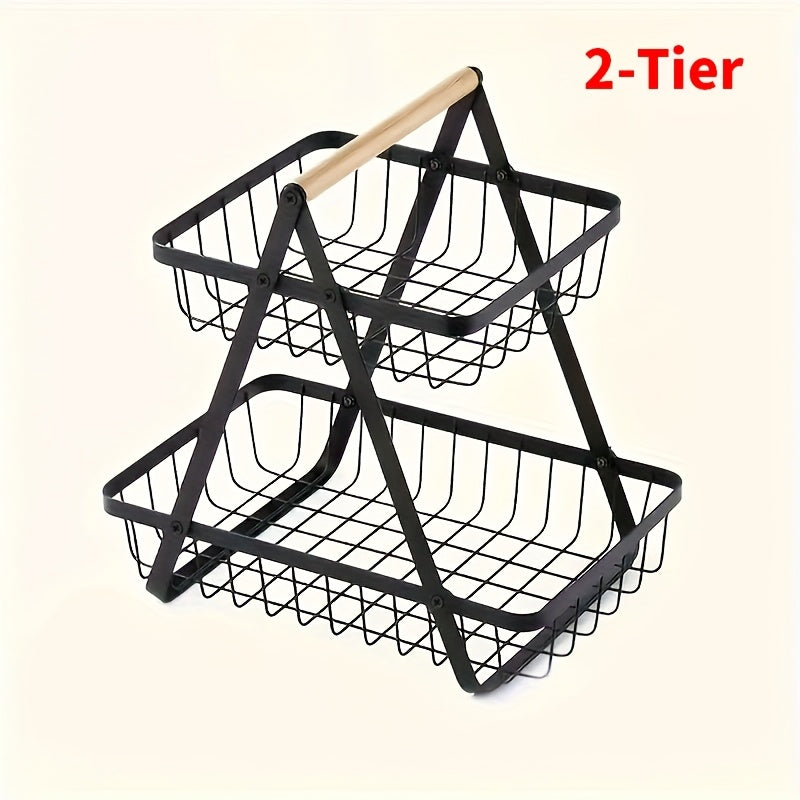 2/3 Tier Heavy-Duty Metal Wire Fruit Basket with Detachable Wooden Handle, Modern Multi-Layer Countertop Storage Rack, Rectangular Space-Saving Organizer for Kitchen Pantry & Dining Table, Hold Fruits, Vegetables, Bread & Snacks