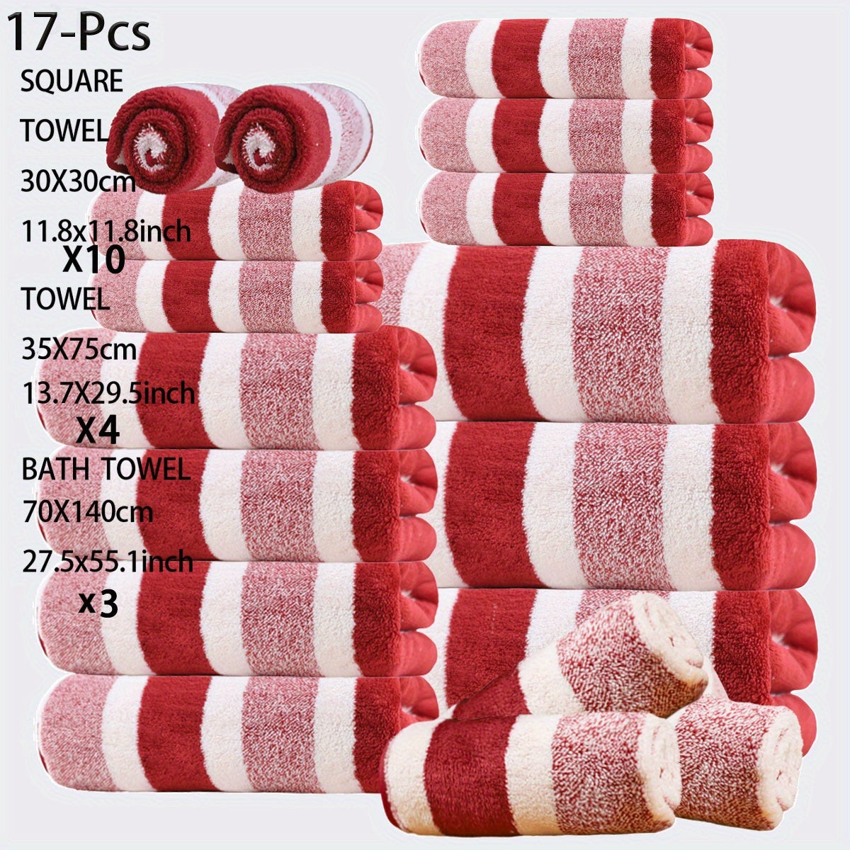 17pcs Luxury Bath Towels Set - Quick-Dry Highly Absorbent Plush Soft Coral Fleece-like Texture, Multi-Size Family Bathroom Towels with Hanging Loops (11.81x11.81inch, 27.56x55.12inch) for Home, Hotel & Spa - Navy & Striped Design, Durable & Space-Saving S