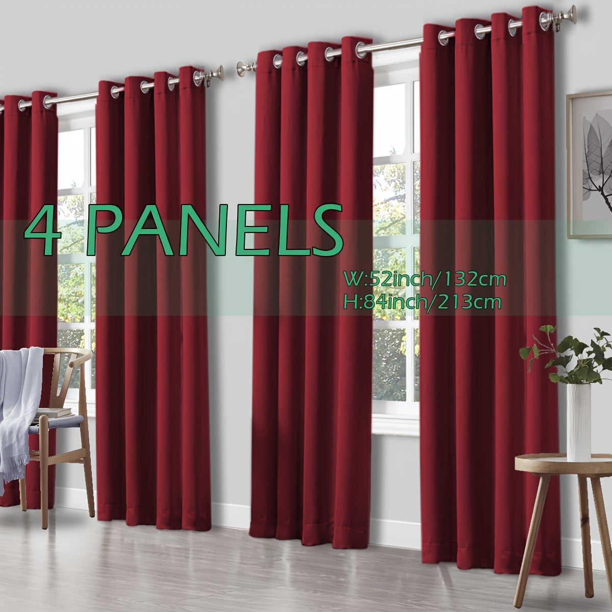 4 Panels Thermal Insulated Blackout Curtains - Triple Weave Thermal Insulation & Light Blocking, Solid Grommet Top, Polyester/ Linen-like Fabric, Deep Red for Bedroom, Living Room, Office - Window Drapes for Complete Darkness & Comf