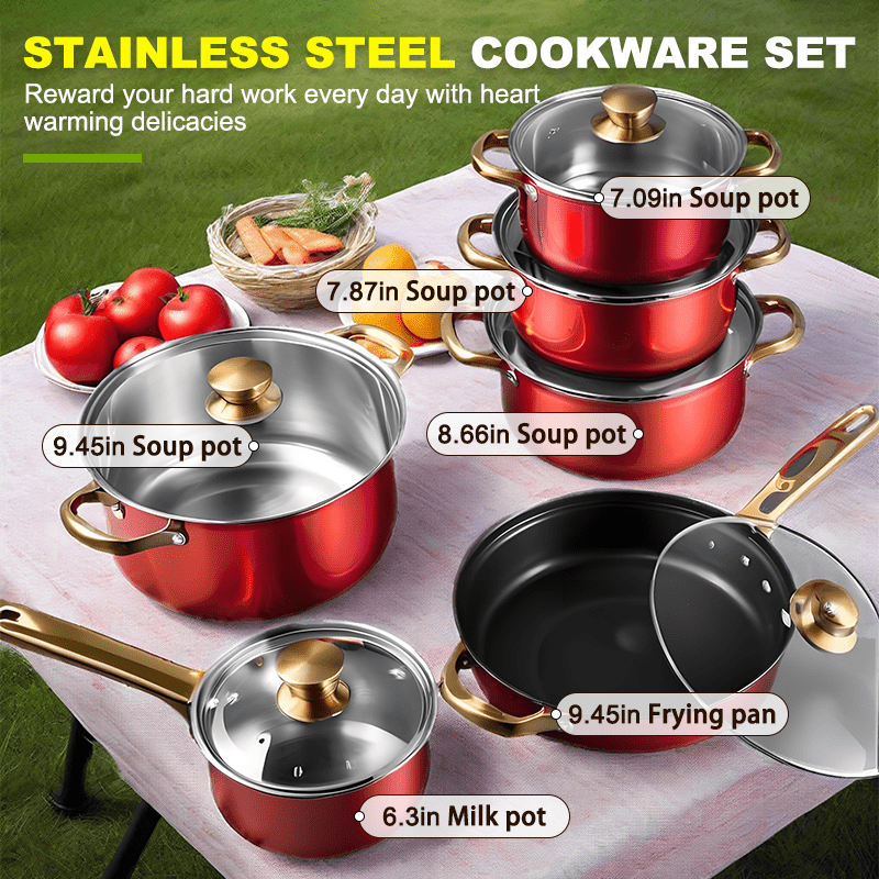 12pcs Red Pot Set, Thin-Gauge Stainless Steel, Non-Stick Pan, Kitchen Cookware Set, Non-Stick Cooking Set, A Variety of Pots to Meet All Kitchen Needs, The Most Beautiful And Practical Gift for Mothers