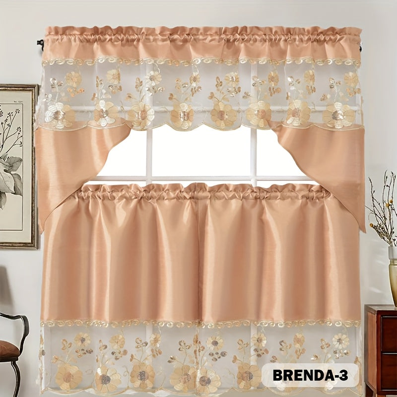 3pcs Embroidery Kitchen Curtains Set Flowers Embroidery Satin Fabric Faux Lightweight Soft Easy Care Machine Washable 49 Design Styles Available Holiday Gifts for Family Local Warehouse All Season Use Summer