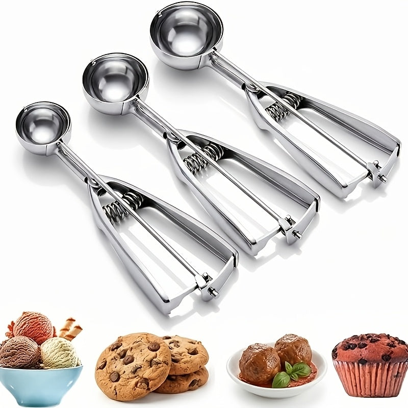 3pcs Stainless Steel Ice Cream Spoons, Triggered Ice Cream Scoop, Cookie Scoop, Portable Fruit Scoop, Watermelon Scoop, Ice Cream Tool, Suitable for DIY Ice Cream, Fruits, Cookie Dough, Used In Ice Cream Shops And Dessert Restaurants