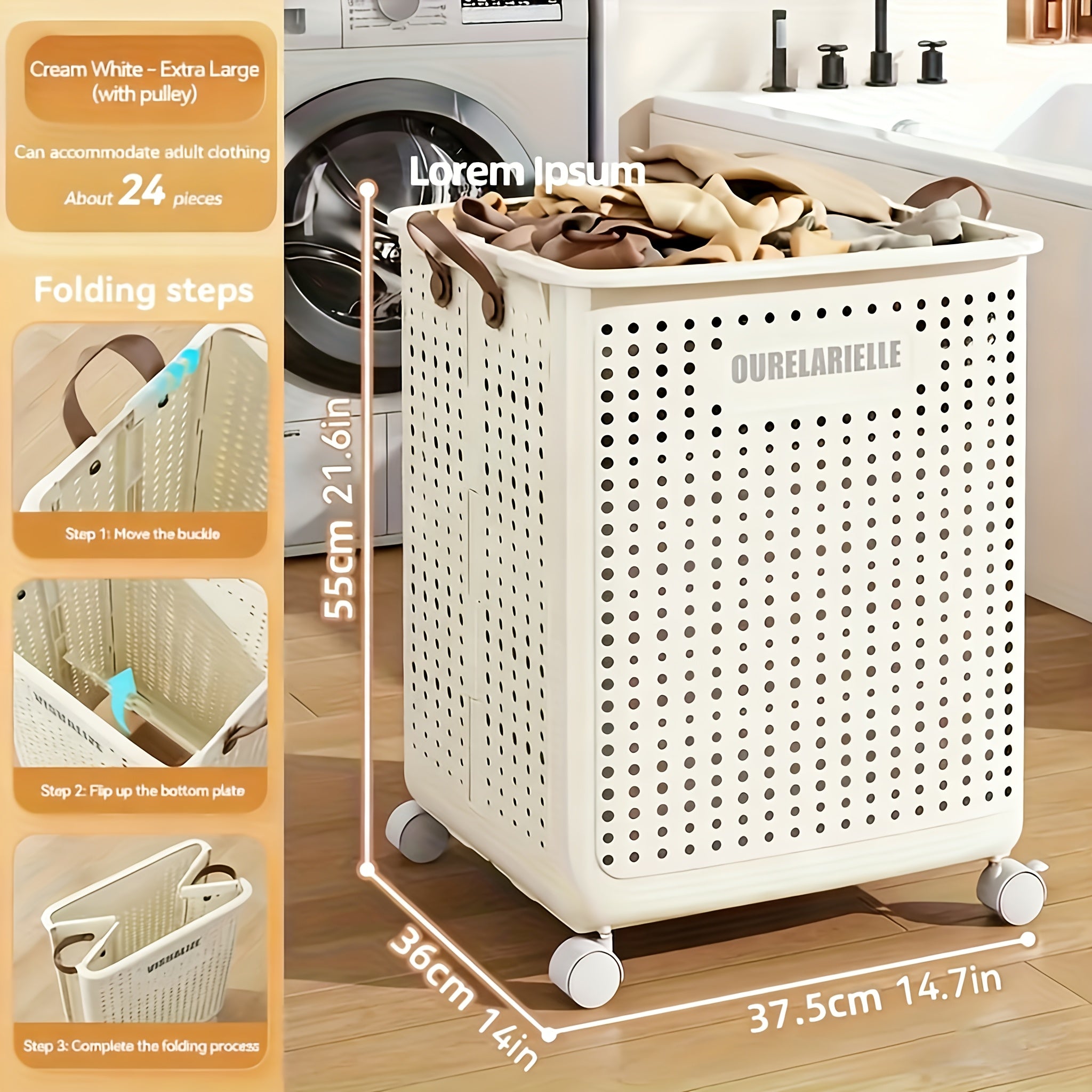 15.8/20GaA Large Foldable Wheeled Laundry Basket (Multiple Sizes Available) Without Lid - Faux Leather, Solid Color, Versatile Folding Portable Laundry Basket for Bathroom and Balcony Storage, Laundry Bag, Laundry Room Accessories, Laundry Baskets