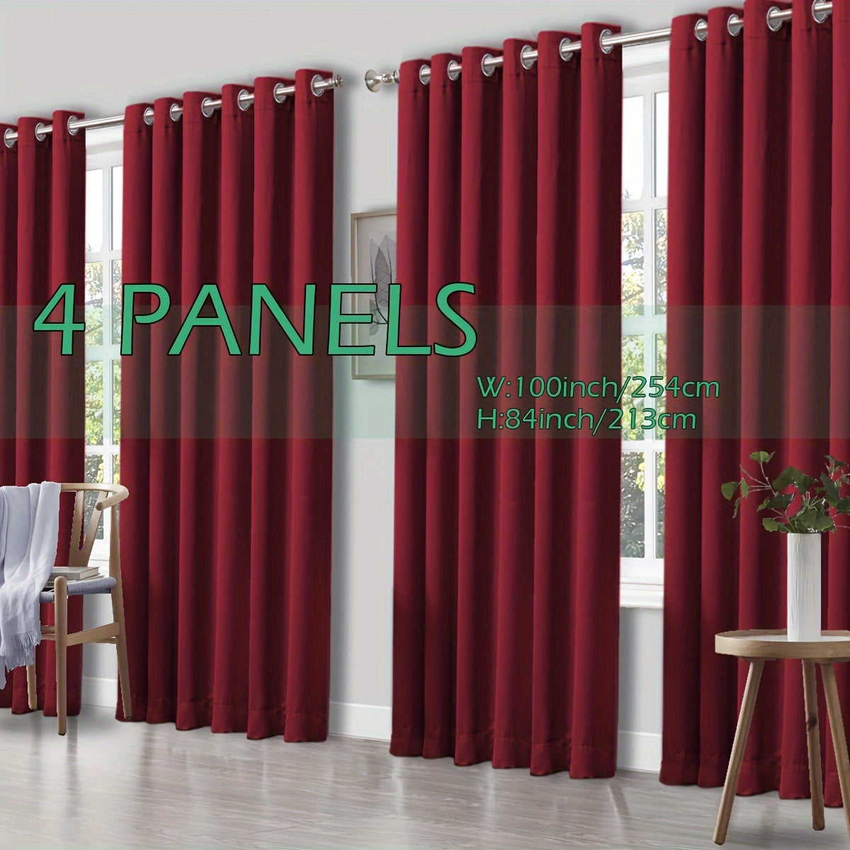 4 Panels Thermal Insulated Blackout Curtains - Triple Weave Thermal Insulation & Light Blocking, Solid Grommet Top, Polyester/ Linen-like Fabric, Deep Red for Bedroom, Living Room, Office - Window Drapes for Complete Darkness & Comf
