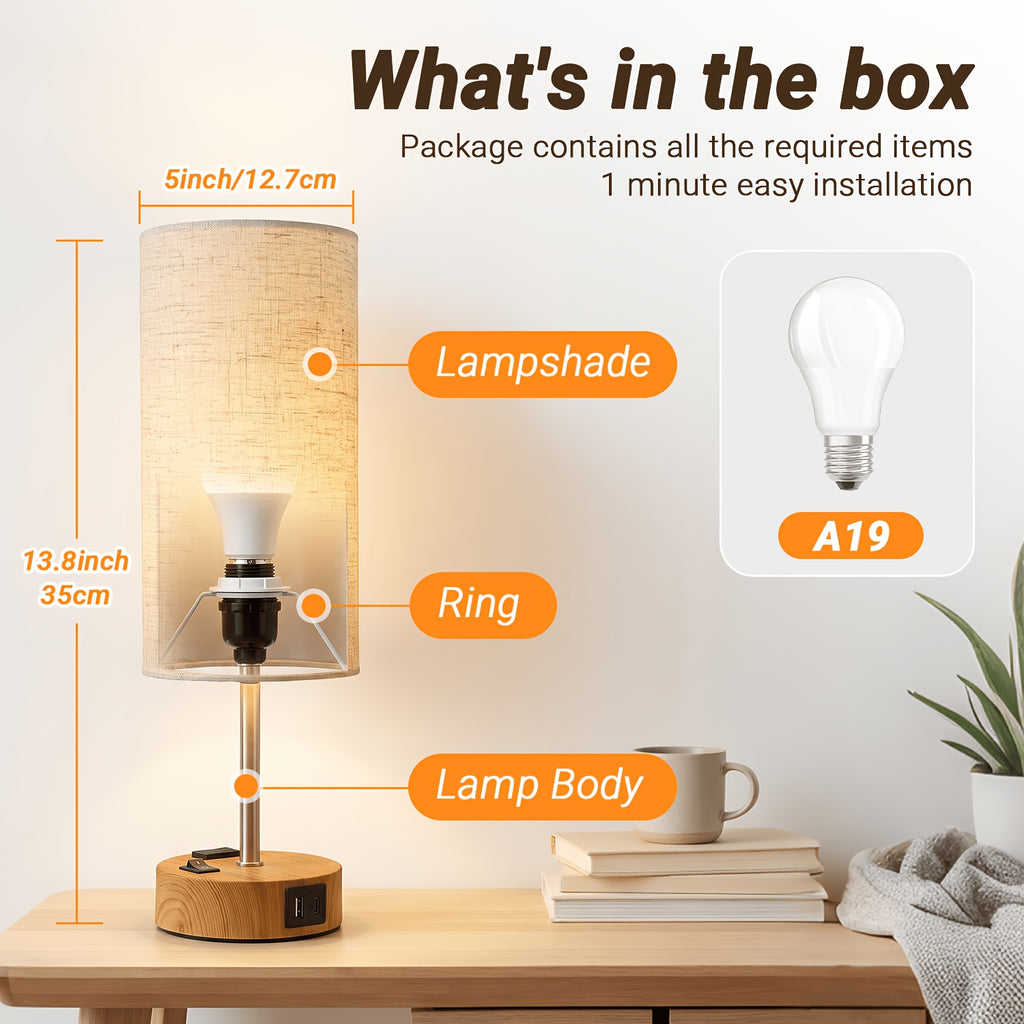 Dimmable Table Lamps with USB Charging Ports And AC Outlet, 3-Way Switch Control Bedside Nightstand Lamps, Wood/Metal Base, Modern Desk Lamps for Bedroom, Living Room, Office, Bulbs Included (1/2 Pack)