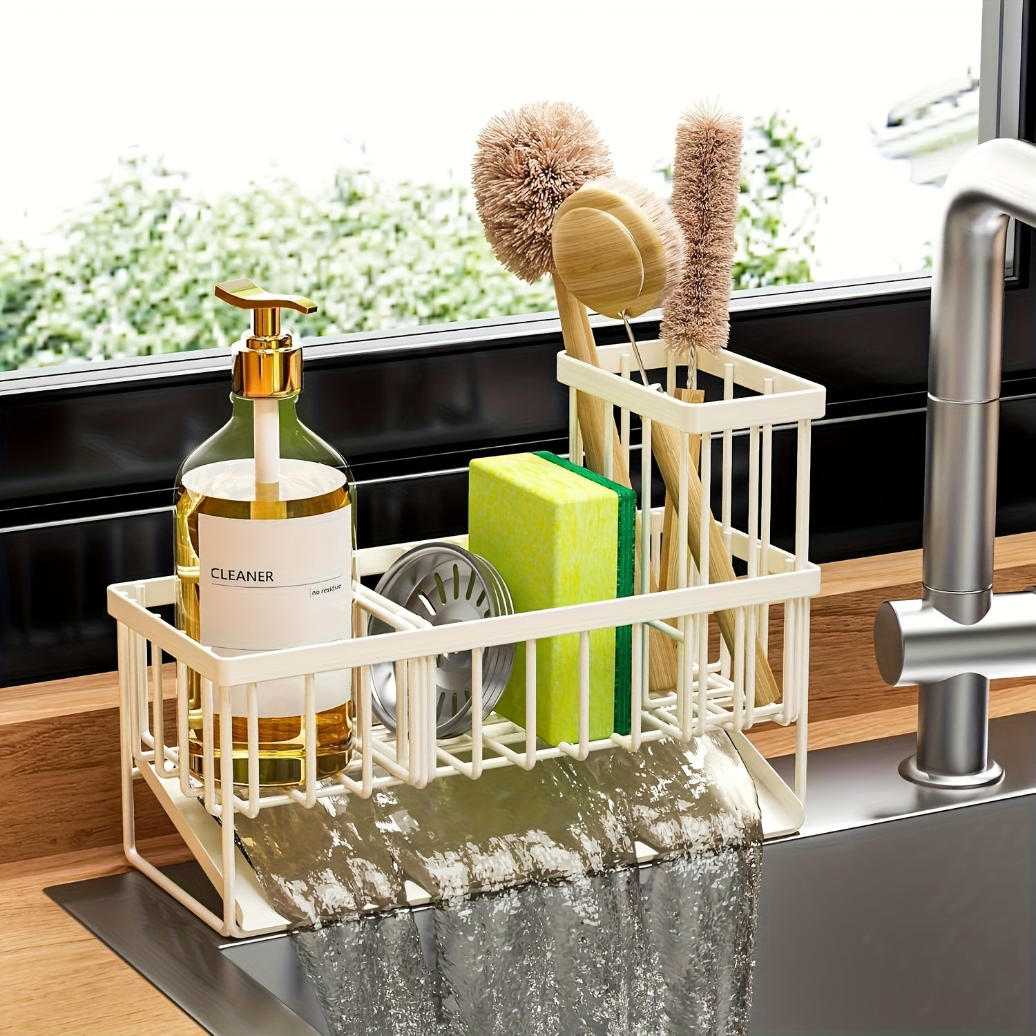 Durable Stainless Steel Kitchen Sink Organizer with Drain Tray - Heavy Duty 304 Rust-Proof Black Sink Storage Basket, Versatile Sponge And Brush Holder, Space-Saving Dish Rack Accessory for Sink And Countertop Without Dishwasher