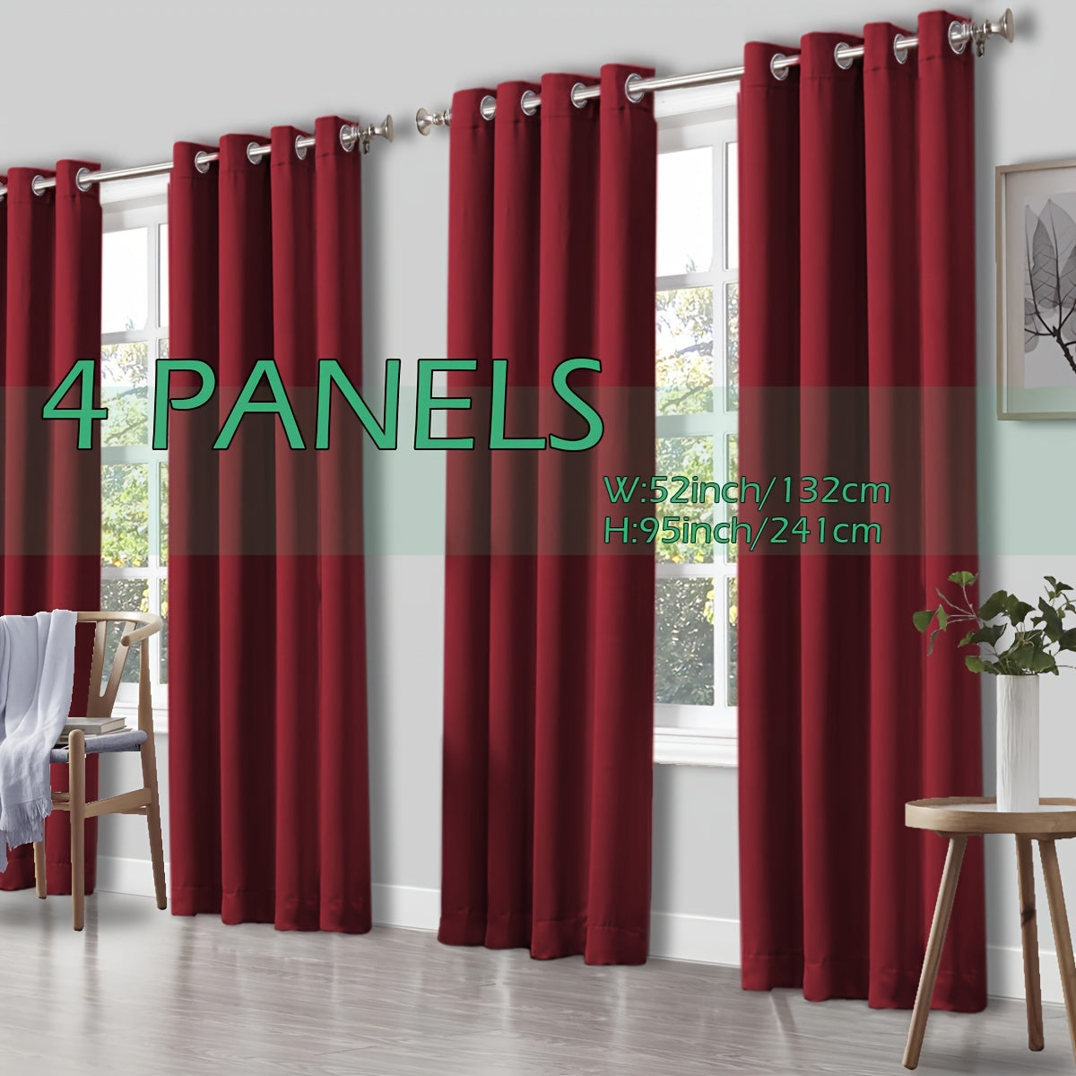 4 Panels Thermal Insulated Blackout Curtains - Triple Weave Thermal Insulation & Light Blocking, Solid Grommet Top, Polyester/ Linen-like Fabric, Deep Red for Bedroom, Living Room, Office - Window Drapes for Complete Darkness & Comf