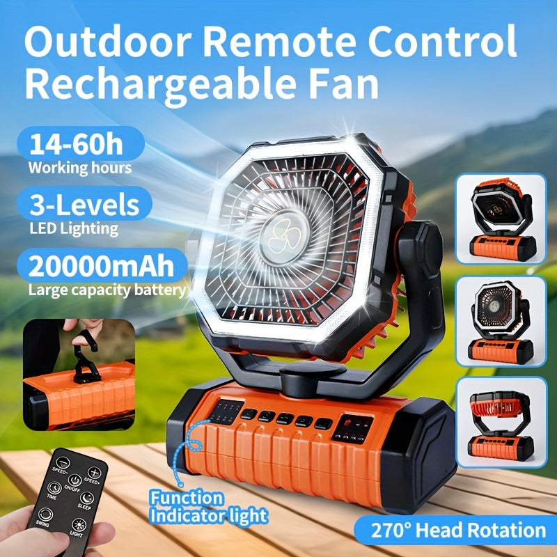 20000Mah Portable LED Camping Fan with Built-In Light, Rechargeable Ventilator, USB Rechargeable Outdoor Cooling Fan for Tents, Hiking, Fishing - Rugged Compact Design, Green And Orange, Hiking Essentials, Sturdy Handle Feature, Camping Additions