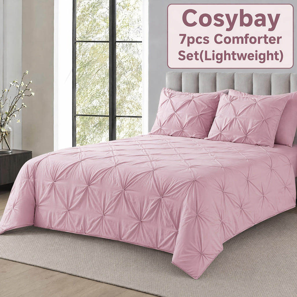Cosybay 7PC Comforter Set-Luxury Soft Fluffy Pinch Pleated Bedding with 1 Comforter, 1 Fitted Sheet, 1 Flat Sheet, And 4 Pillowcases & Pillow Cover-All Season Quilte Set Queen, Hypoallergenic, Breathable, Easy Care,valentine's Day Gifts,school