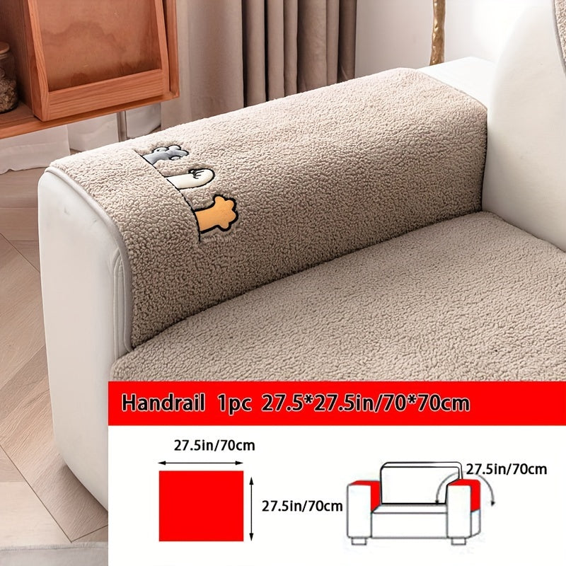 1pc Plush Thick Shearling Sofa Cover with Cute Animal & Bone Embroidery - Pet-Friendly, Non-Slip Couch Protector for All Sofa Sizes from Single to Four-Seater - Soft, Warm Decor for Living Room, Bedroom, Office, Sofa Covers for Living Room