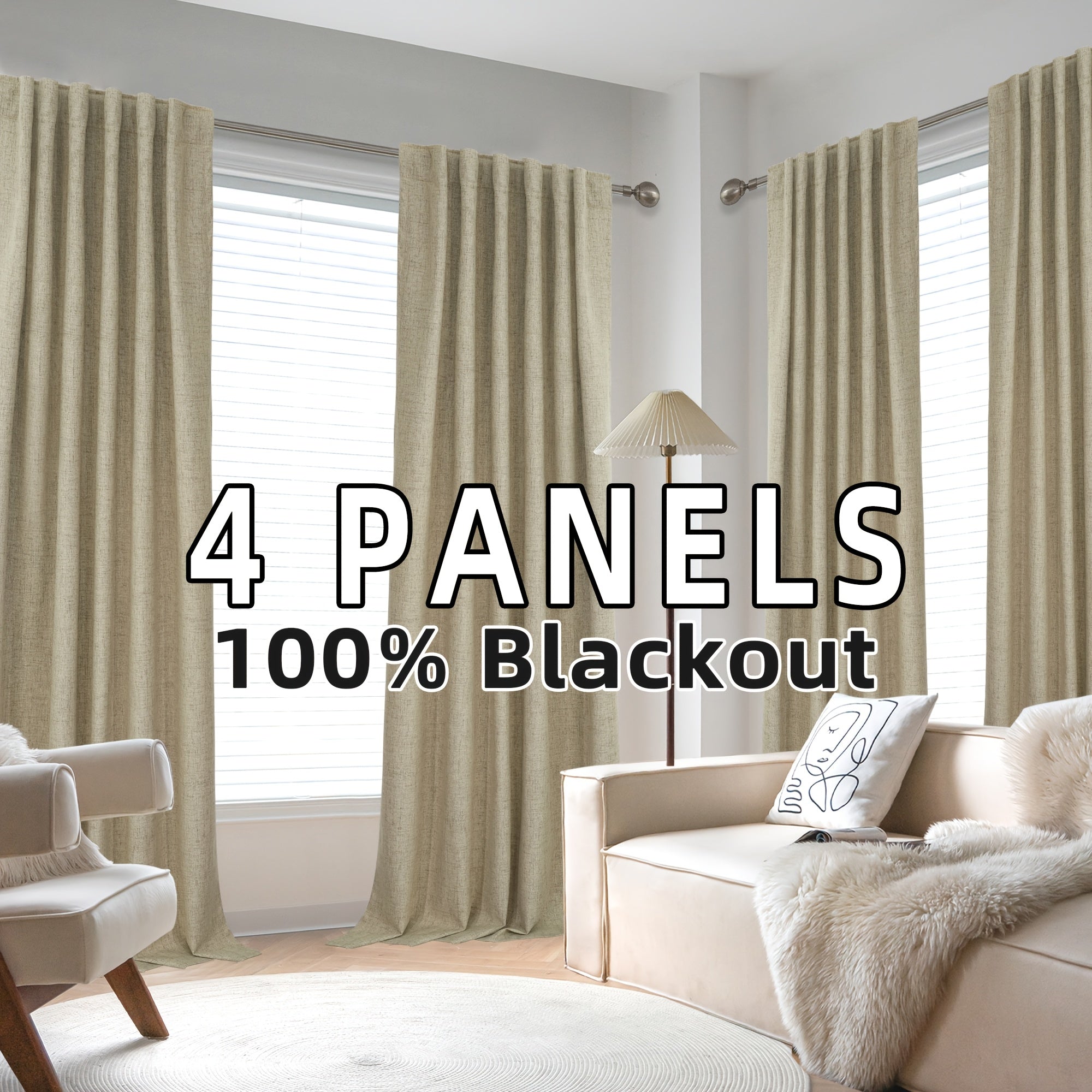 4 Panels 100% Blackout Linen Curtains for Bedroom Farmhouse Thermal Insulated Rod Pocket Back Tab Full Light Blocking for Living Room