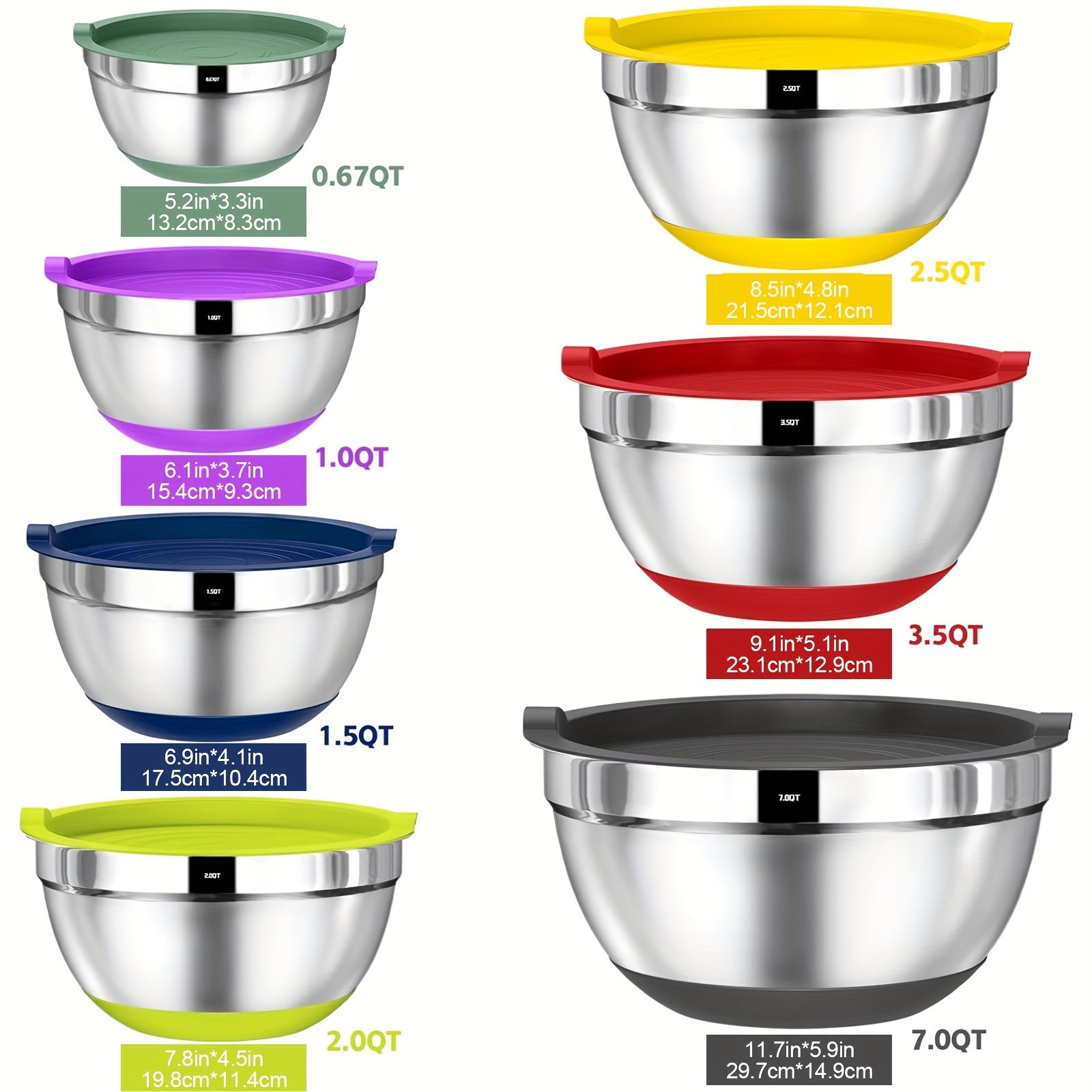 20-Piece Stainless Steel Mixing Bowls with Airtight Lids - Non-Slip Colorful Silicone Bottom, Sizes 7, 3.5, 2.5, 2.0, 1.5, 1, 0.67QT for Mixing, Baking, Serving