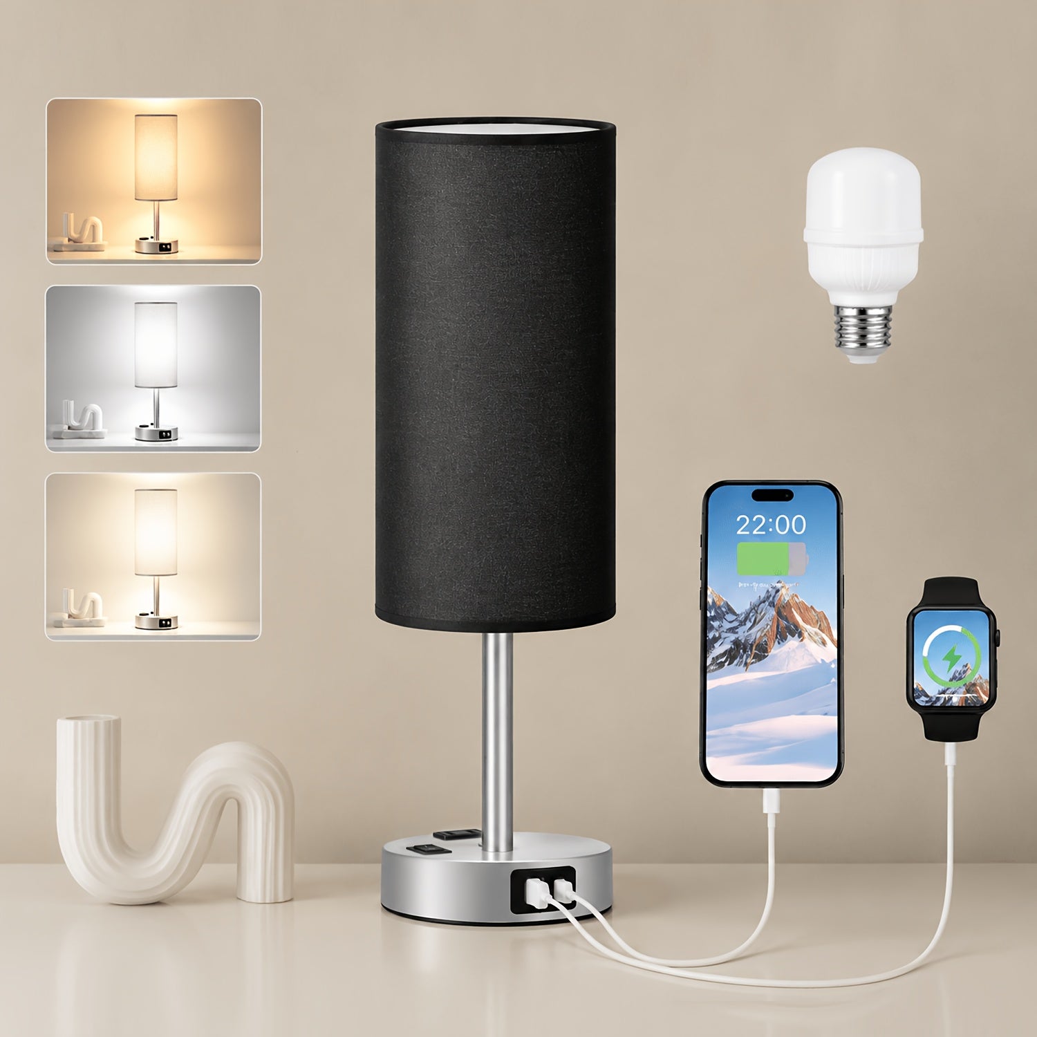Dimmable Table Lamps with USB Charging Ports And AC Outlet, 3-Way Switch Control Bedside Nightstand Lamps, Wood/Metal Base, Modern Desk Lamps for Bedroom, Living Room, Office, Bulbs Included (1/2 Pack)