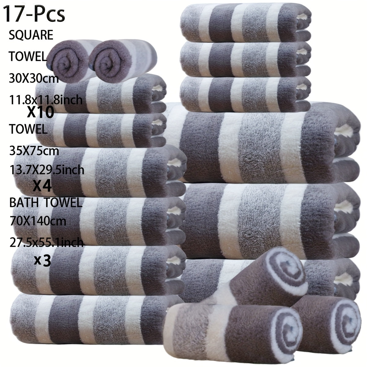17pcs Luxury Bath Towels Set - Quick-Dry Highly Absorbent Plush Soft Coral Fleece-like Texture, Multi-Size Family Bathroom Towels with Hanging Loops (11.81x11.81inch, 27.56x55.12inch) for Home, Hotel & Spa - Navy & Striped Design, Durable & Space-Saving S