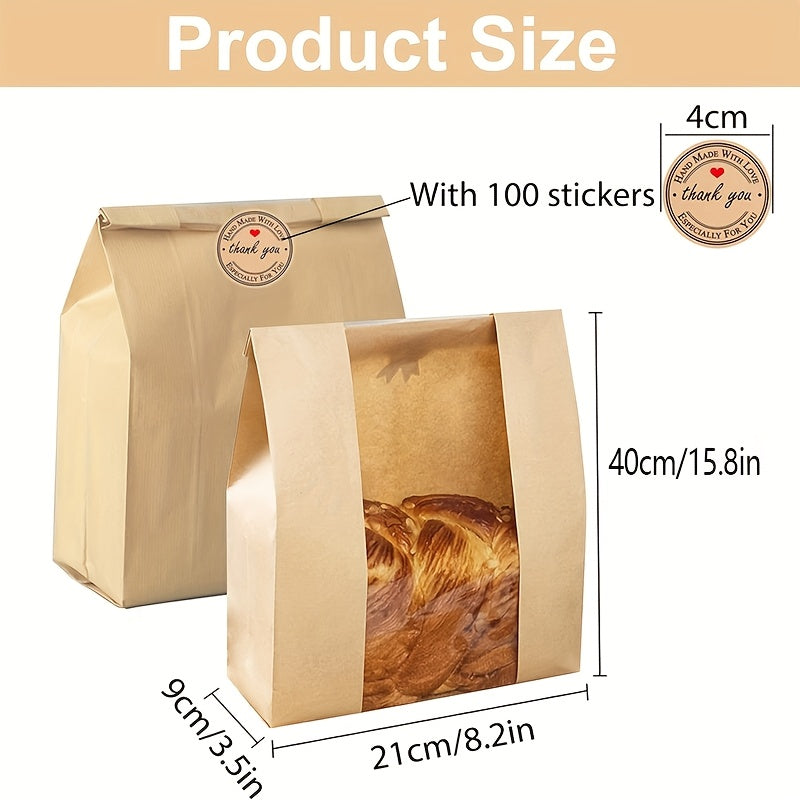 Kraft Paper Bread Bags with Clear Window & Label Seal Stickers - Suitable for Homemade Sourdough, Artisan Bread - Brown Bakery Bags for Bakeries, Farmers Markets, Freezer & Pantry Storage