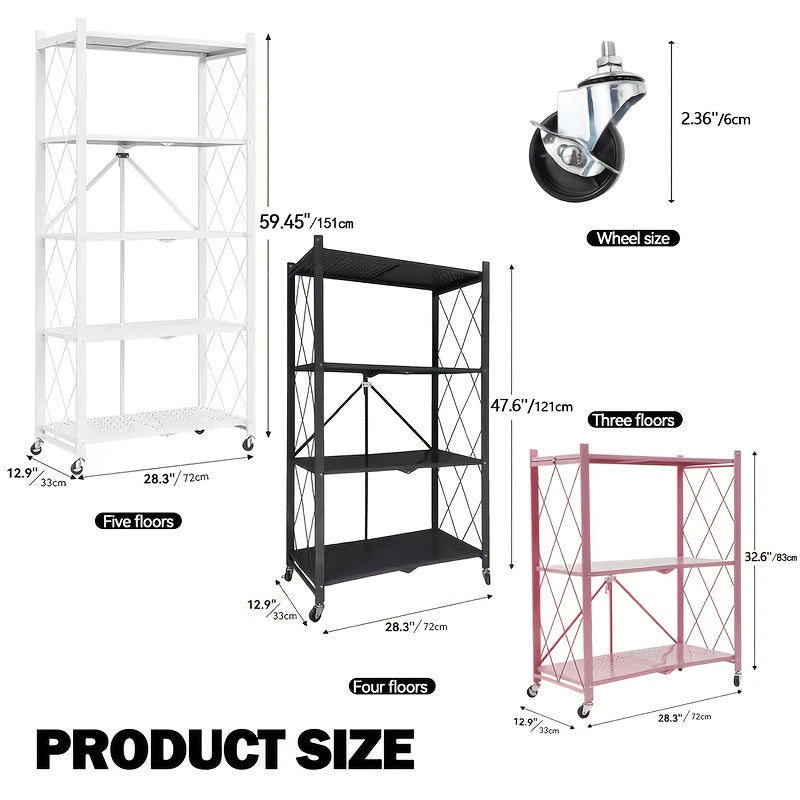 3/4/5-Tier Portable Multifunctional Storage Rack, Floor-Standing Storage Rack with Lockable Wheels, Space-Saving, No Assembly, Foldable Storage Shelf with Durable Carbon Steel Frame for Bedroom, Balcony, Garden, Standing Shelf