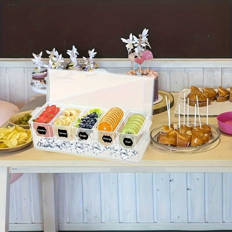 1pc Portable Chilled Fruit Storage Box, Equipped with 5 Forks And 2 Pliers, Salad Storage Box, Suitable for Entertainment Parties with Lid, Bar Decoration Rack, Detachable Box with 5 Compartments, Fruit Trays for Serving