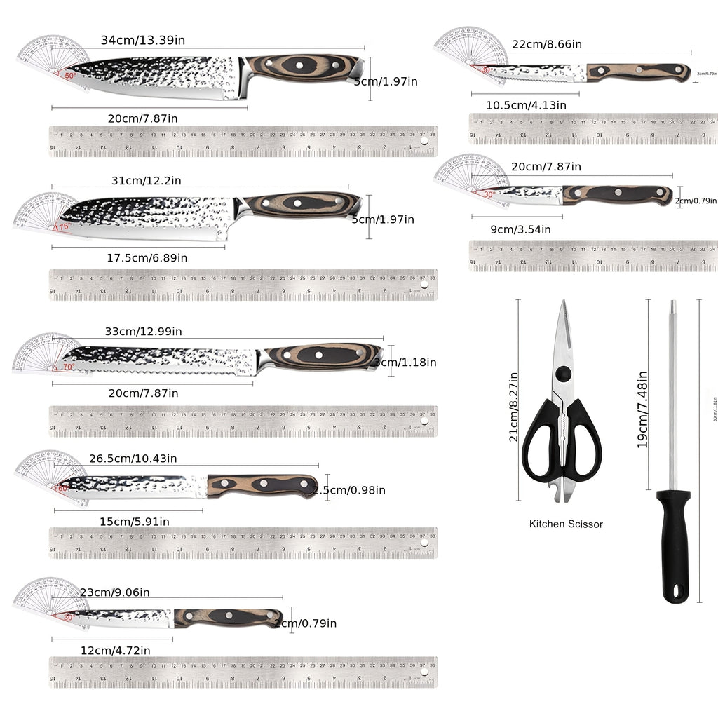 Kitchen Knife Set, 15pcs Knife Set With Block Wooden, Self Sharpening For Chef Knife Set, Medium Carbon Stainless Steel Hammered Knife Block Set With Steak Knives, Knives For Men, Boxed Knife Sets For Kitchen, For Family Gift, Local Warehouse