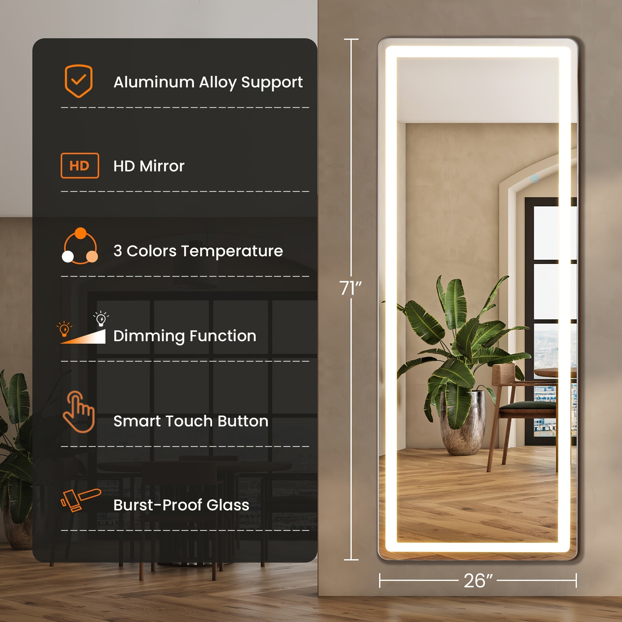 LED Lighted/Not-LED Lighted Full-Length Mirror with Arched/Rect Top - Aluminum Frame Floor-Standing Dressing Mirror for Bedroom & Living Room, Black/Golden/White